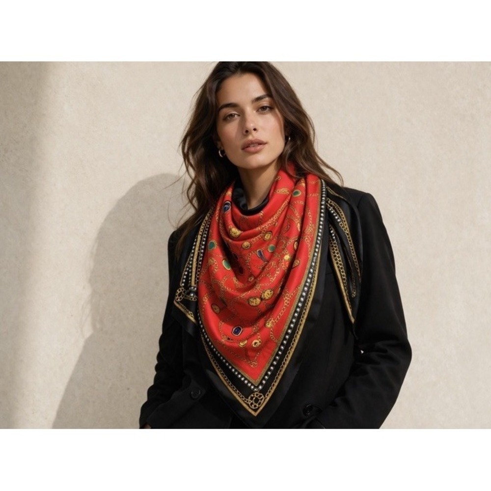 Vintage Large Square 35" Scarf Coins Chains Jewels Red Black Gold Silky Italy